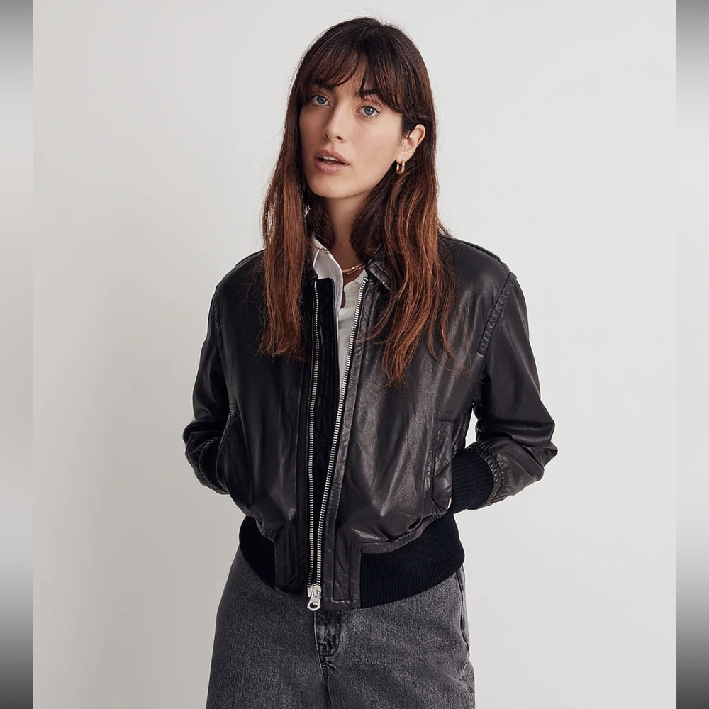 Madewell Washed Leather Crop Bomber Jacket Size Medium